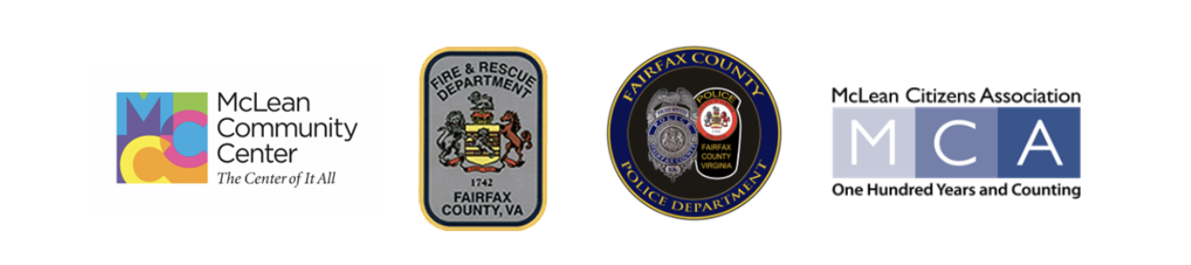 Logos corresponding to the McLean Community Center, Fairfax County Fire and Rescue Department, Fairfax County Police Department, and The McLean Citizens Association